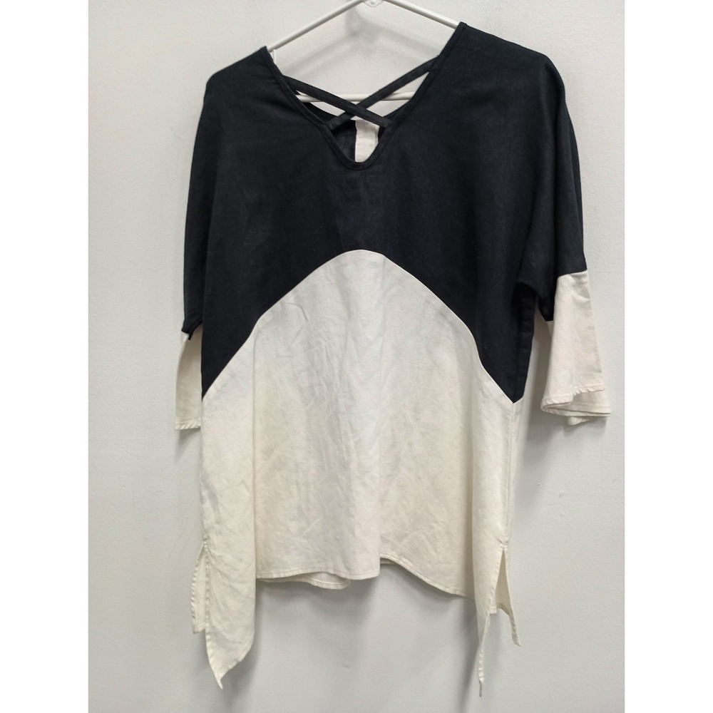 IC By Connie K Lagenlook Tunic Top Womens Small Black White Linen Bell‎ Sleeve - Picture 8 of 11
